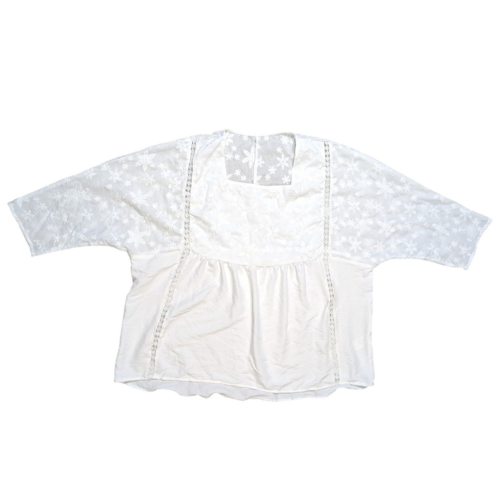 White Plus Size Long Sleeve Light White Sheer Floral Print‎ Top